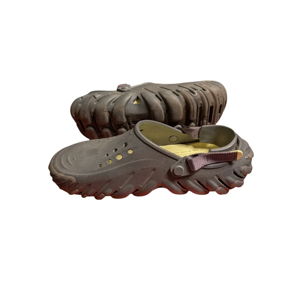 Crocs Echo Clog Espresso Brown Yellow Adjustable Strap Mens 9 Womens 11 Sandals